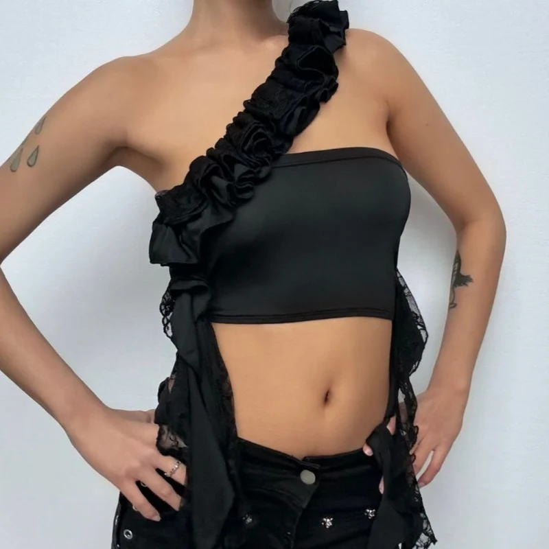 Ruched one shoulder irregular ruffle top