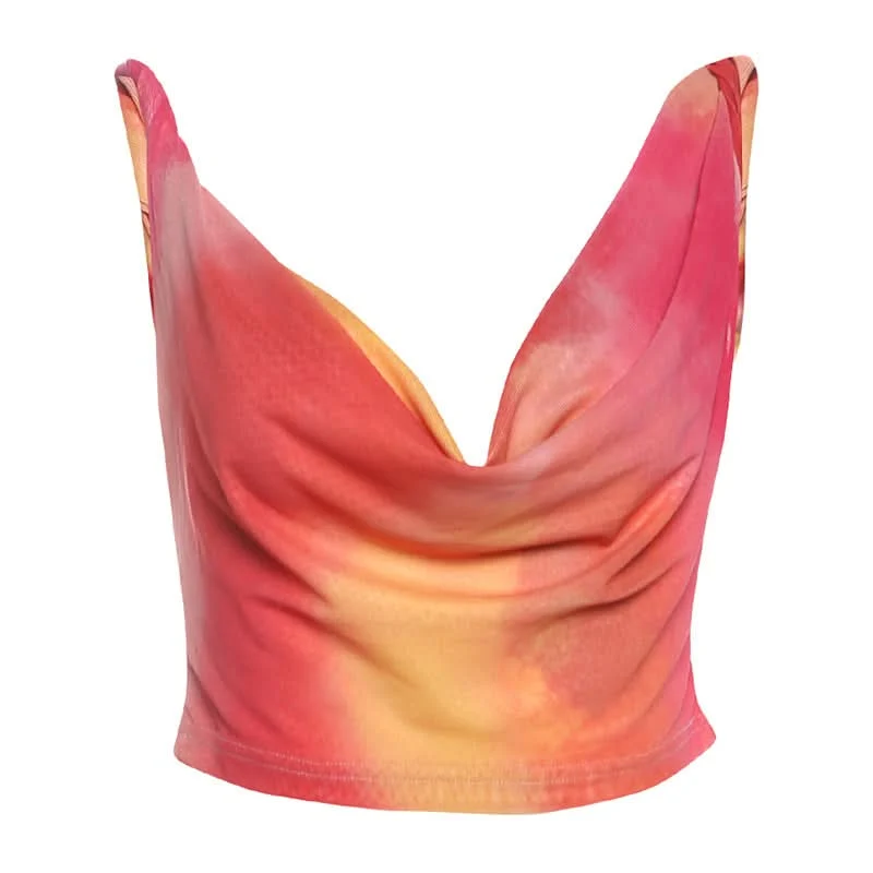Backless cowl neck print contrast tank top