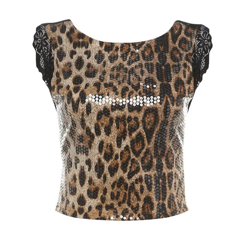 Leopard print glitter lace hem crewneck top