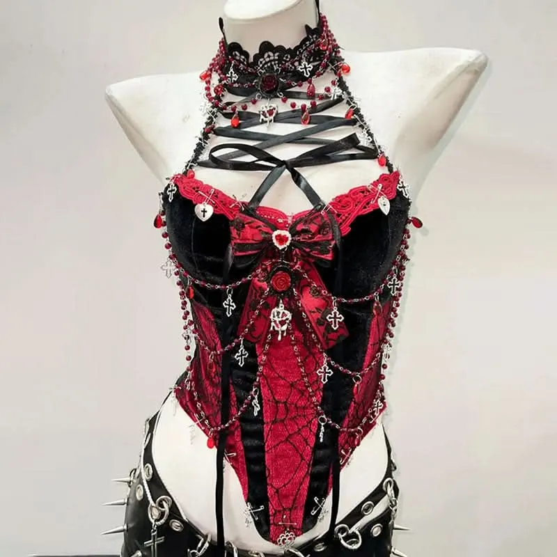 Lace up beaded flower applique bowknot top