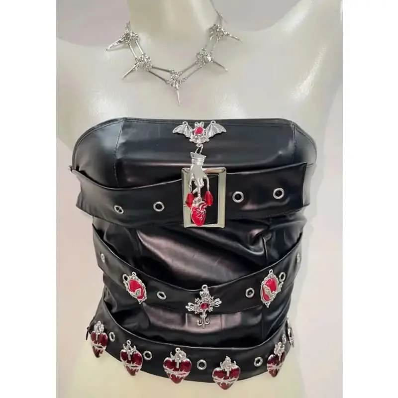 Leather buckle bat applique tube top