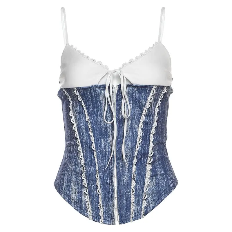 Lace v neck self tie cami top
