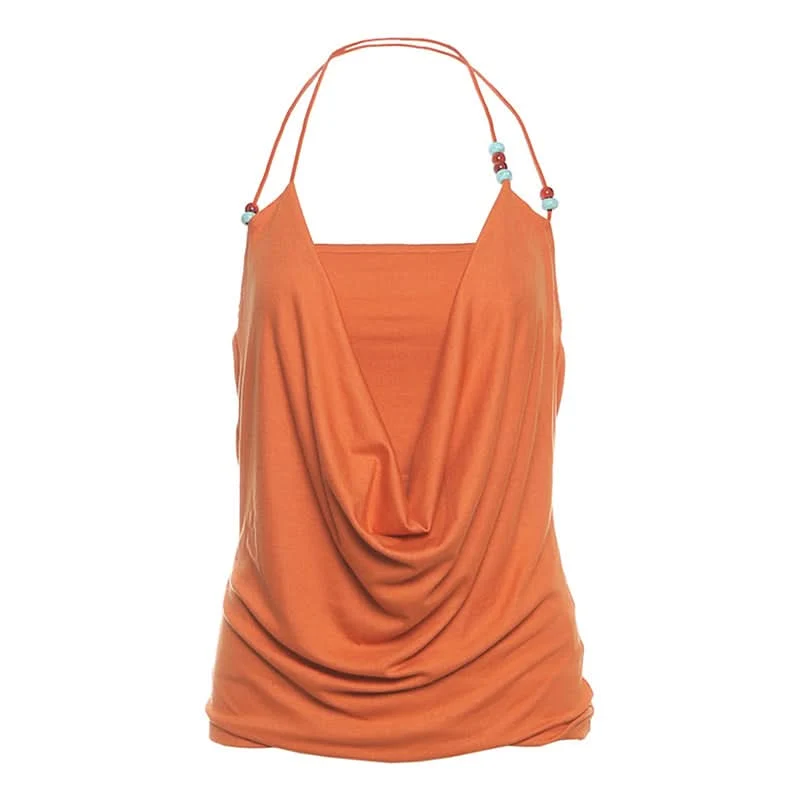 Backless halter beaded square neck top