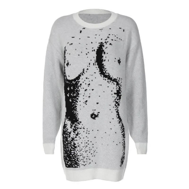 Knitted long sleeve body print contrast top-final-sale