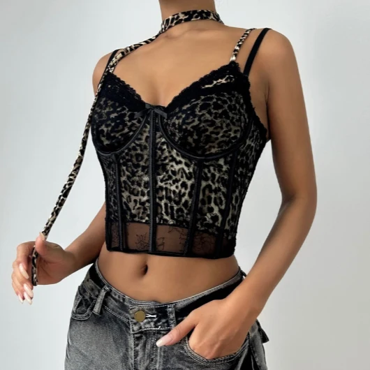 Leopard print mesh patchwork bustier cami top