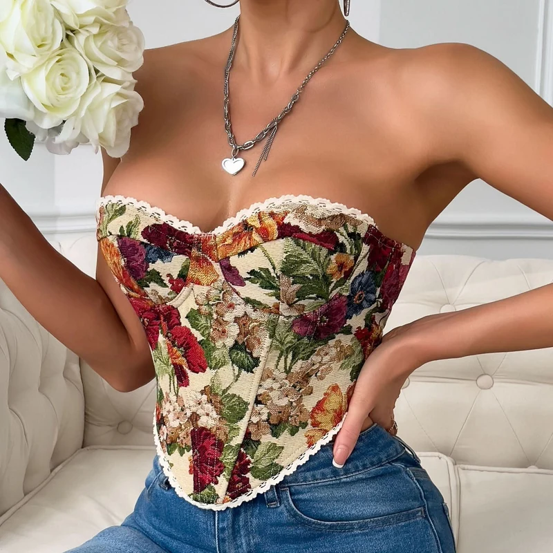 Lace up flower print sweetheart top