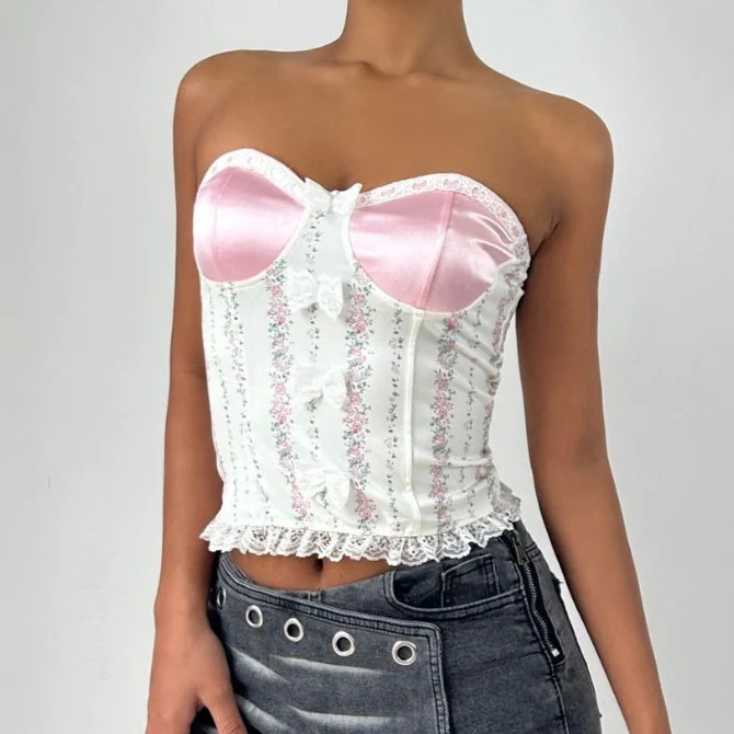 Lace hem bowknot flower print tube top