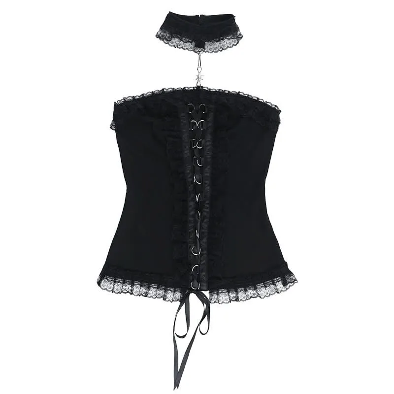 Lace halter ruffle lace up tube top
