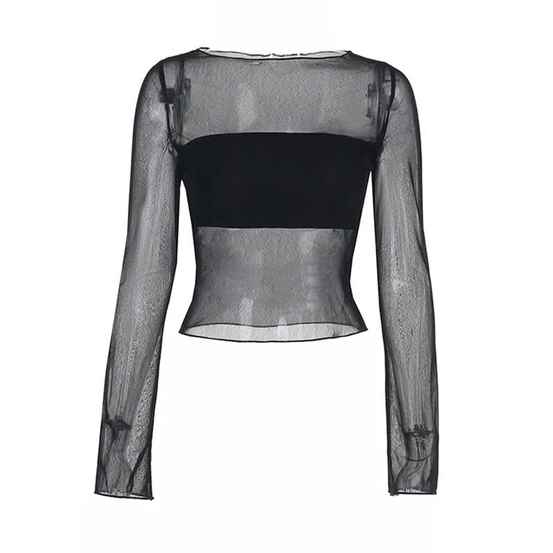 Long sleeve mesh crewneck solid top