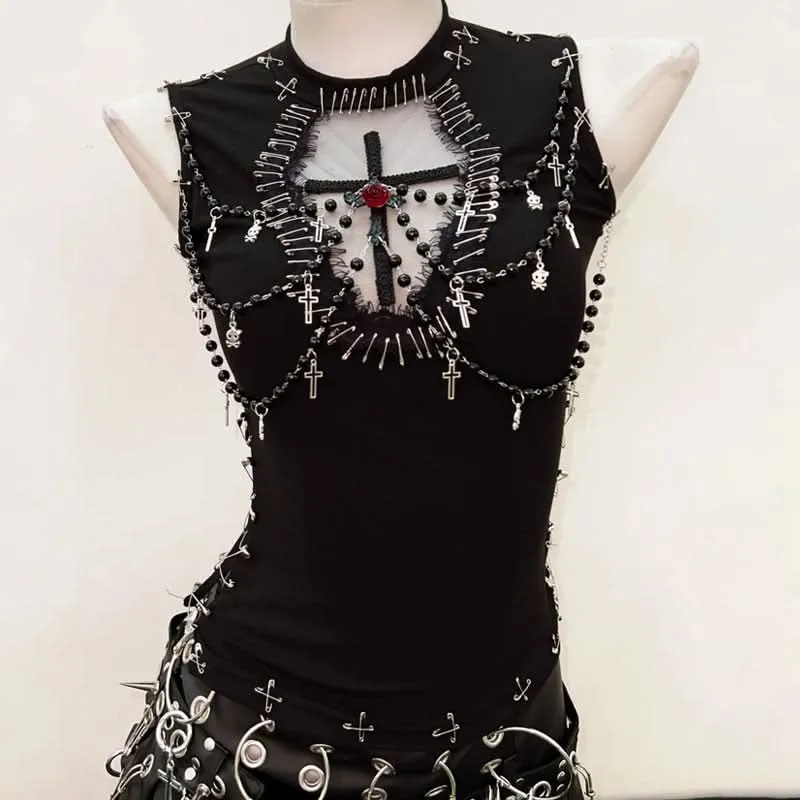 Crewneck beaded flower applique sleeveless top