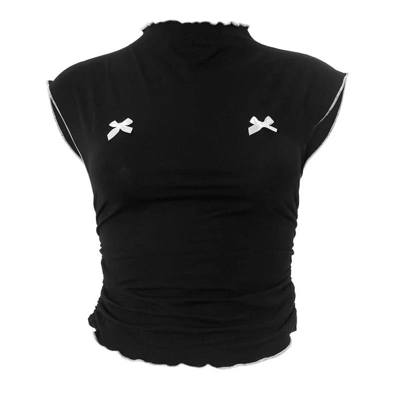 Ruched bowknot crewneck crop top
