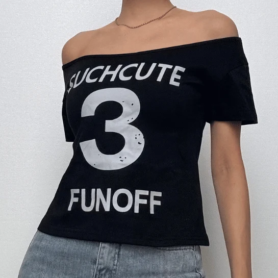 Short sleeve letter print off shoulder contrast top-final-sale