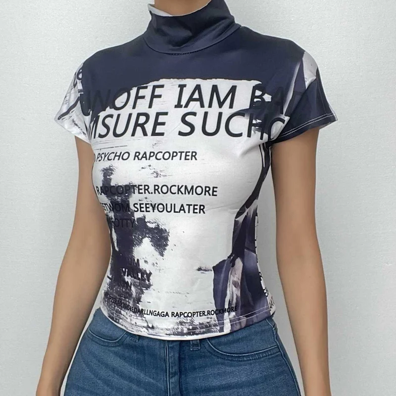 High neck short sleeve letter print contrast top-final-sale