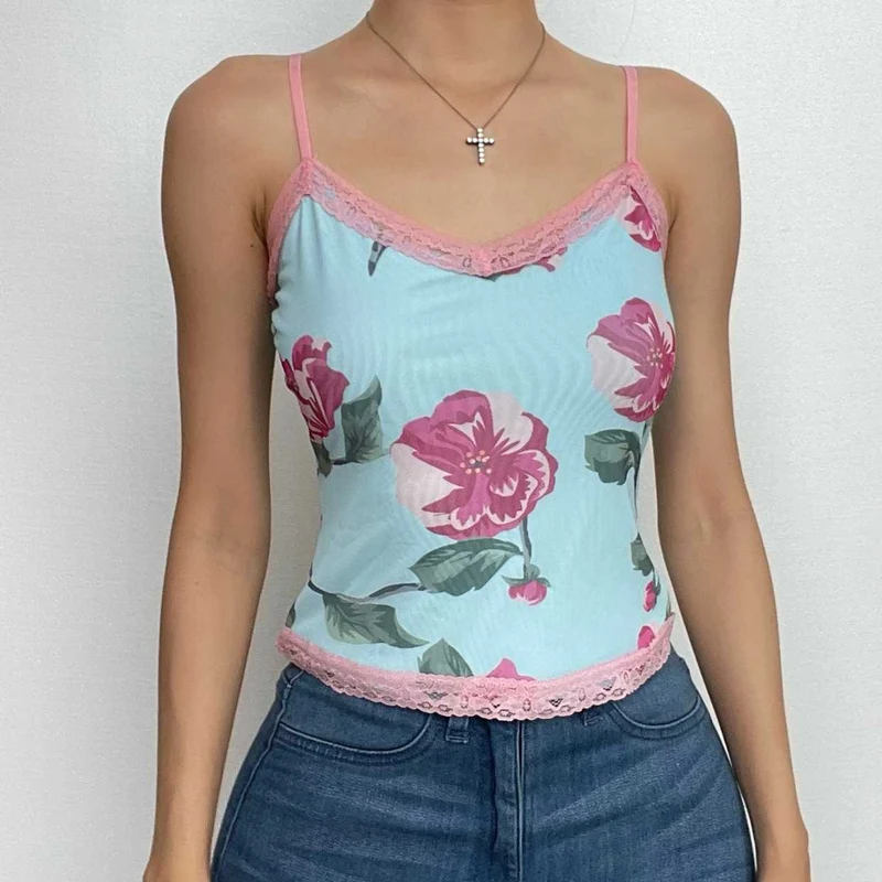 Mesh lace hem flower print v neck top-final-sale