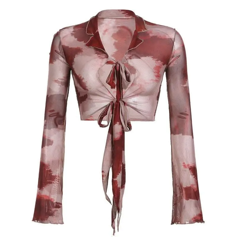 Sheer mesh see through tie dye ruffle crop top-final-sale