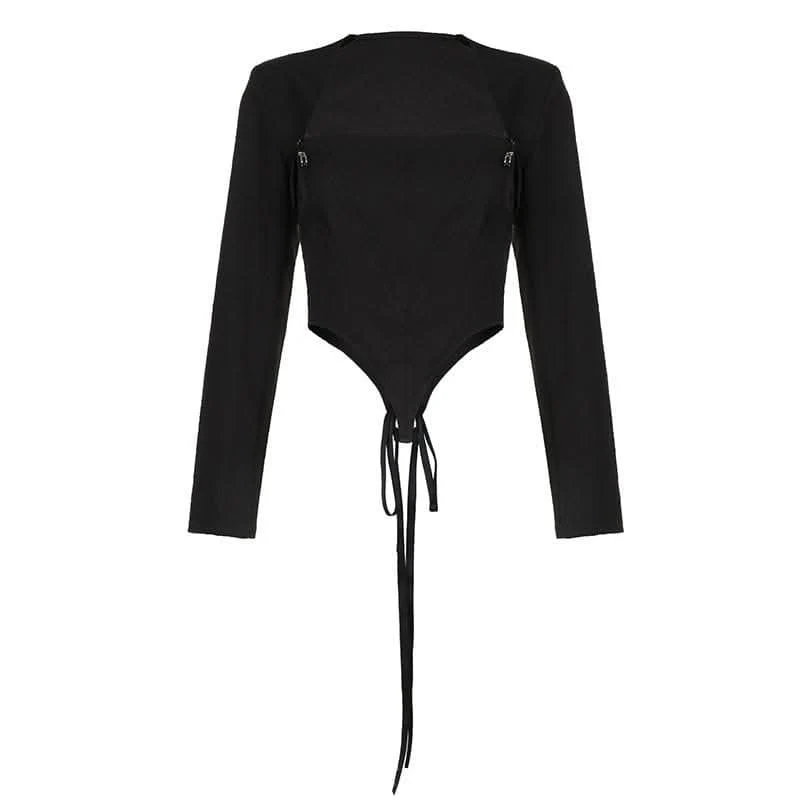 Lace up safety pin applique long sleeve crop top-final-sale