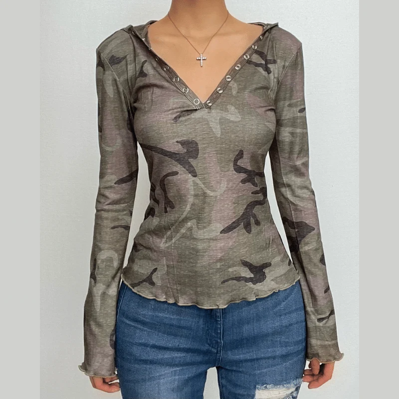 Camouflage contrast hoodie button long sleeve top-final-sale