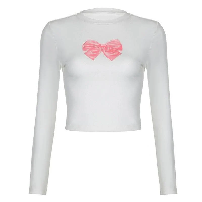Bowknot pattern contrast long sleeve crewneck top-final-sale