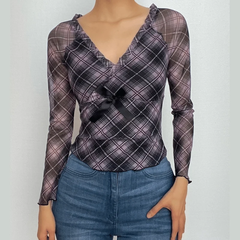Mesh plaid ruffle v neck contrast top-final-sale