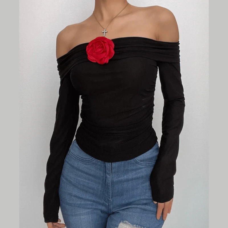 See through flower applique off shoulder ruched long sleeve top-final-sale
