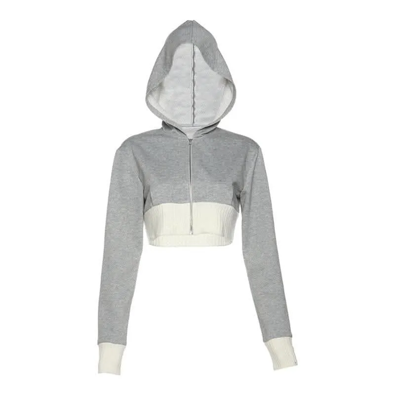Hoodie long sleeve contrast patchwork zip-up crop top-final-sale