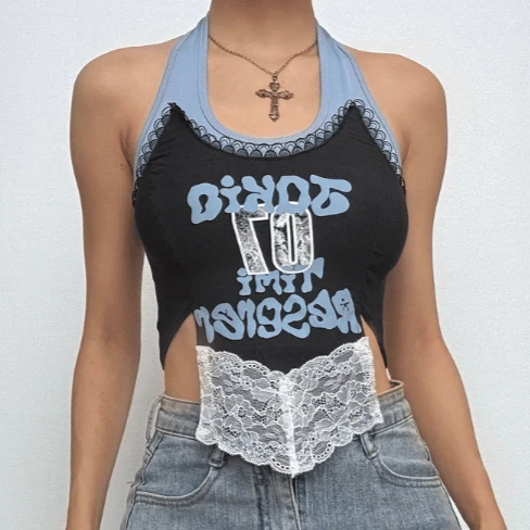 Lace halter patchwork letter pattern top-final-sale
