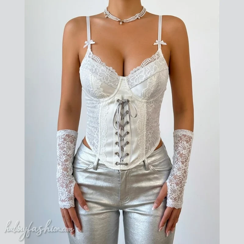 Lace bowknot self tie v neck cami top