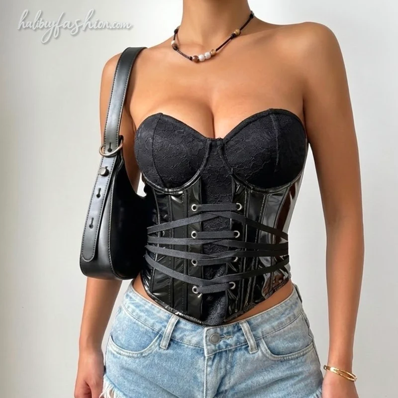 Corset sweetheart neck PU leather top