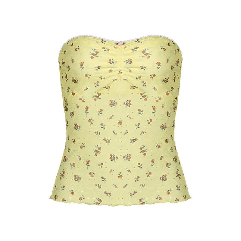 Ruched ruffle print flower applique tube top-final-sale