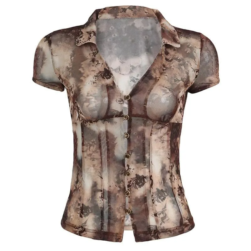 Sheer mesh short sleeve tie dye button top-final-sale