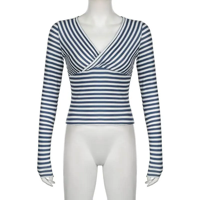 Striped v neck long sleeve top-final-sale