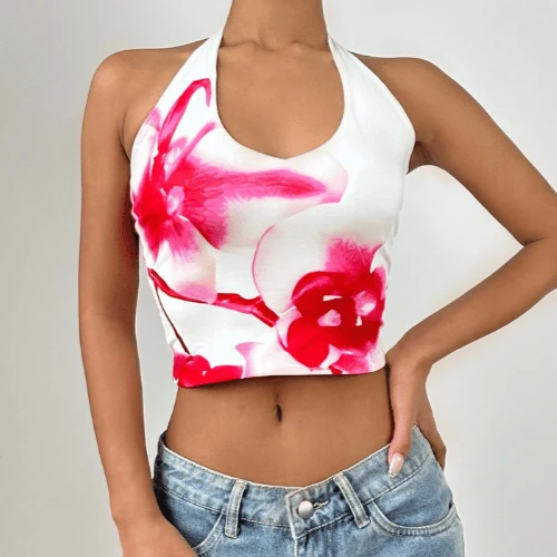 Halter flower print backless top-final-sale