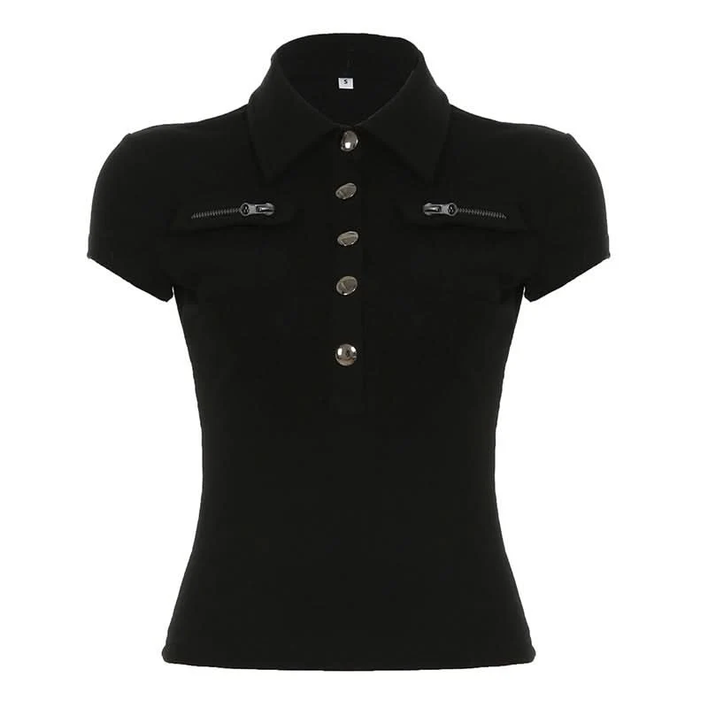 Turnover collar short sleeve button top-final-sale