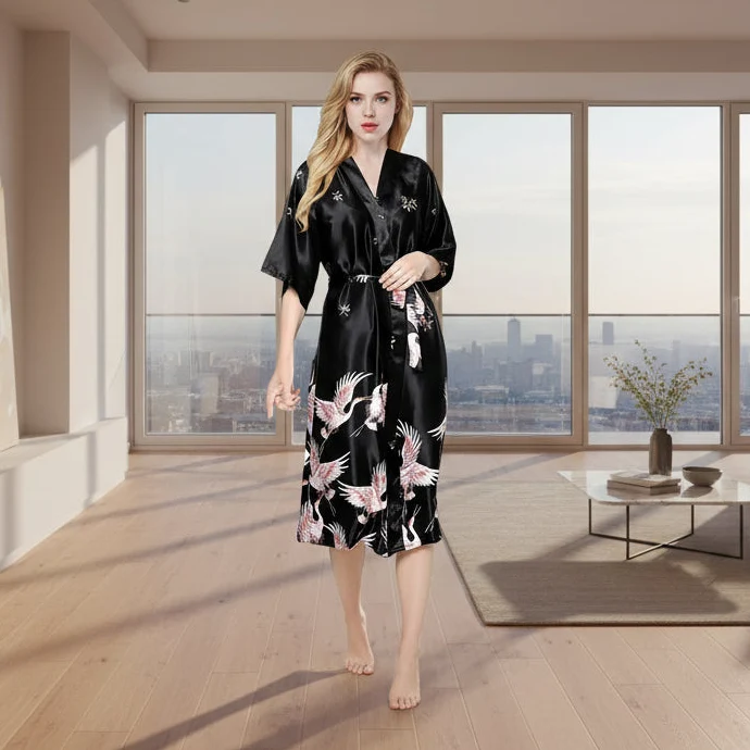 Czarny satynowy szlafrok kimono dla kobiet – seksowna suknia ślubna w kwiaty M-3XL