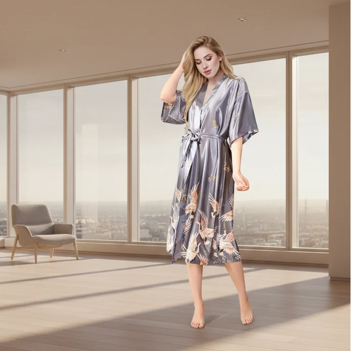 Czarny satynowy szlafrok kimono dla kobiet – seksowna suknia ślubna w kwiaty M-3XL