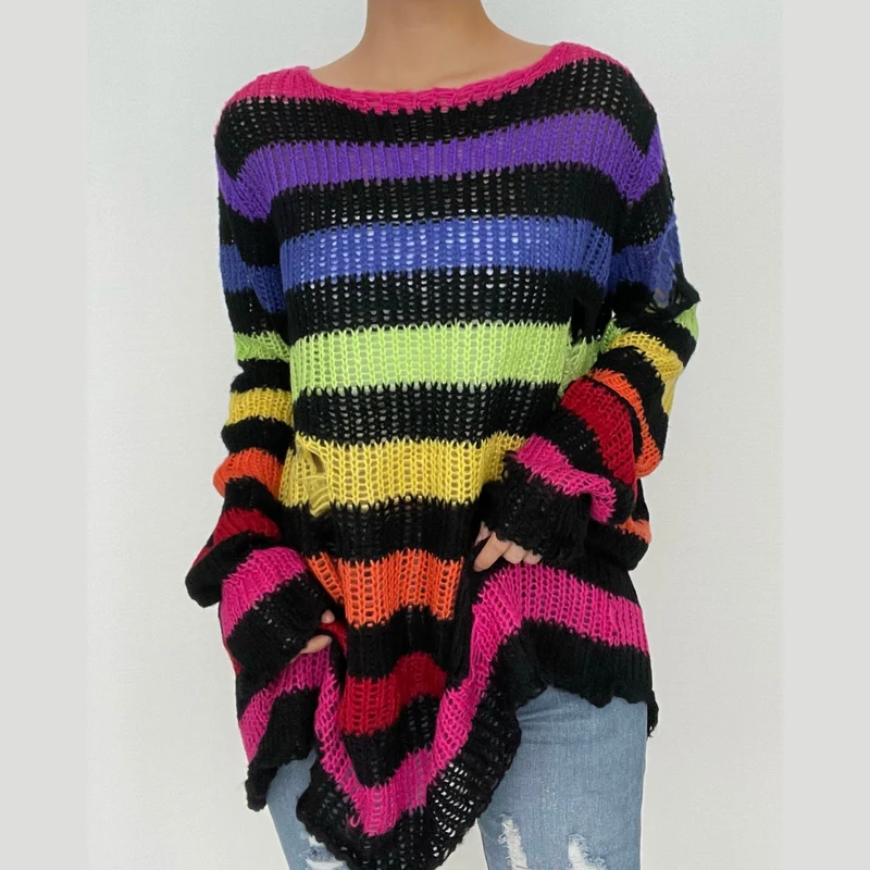 Cut out gradient contrast striped long sleeve crochet top-final-sale