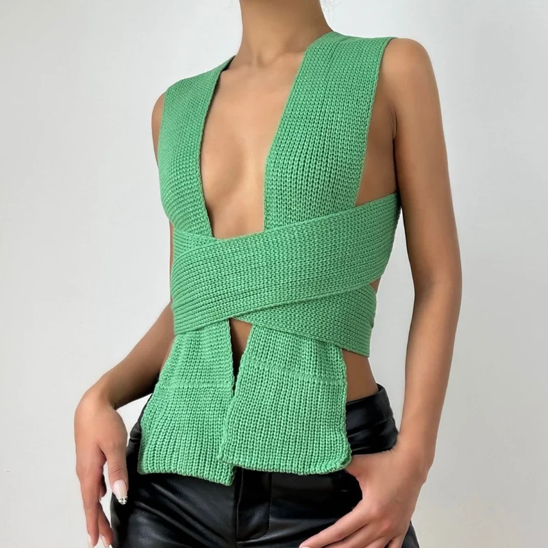 Backless knitted solid self tie crop top-final-sale