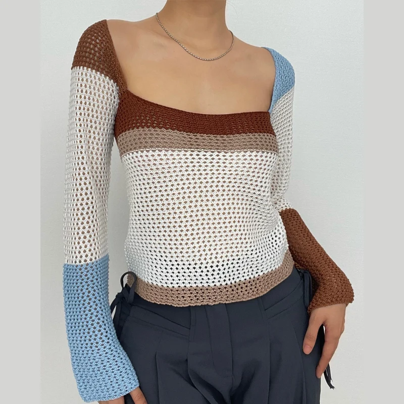 Low cut contrast crochet knit long sleeve square neck top-final-sale
