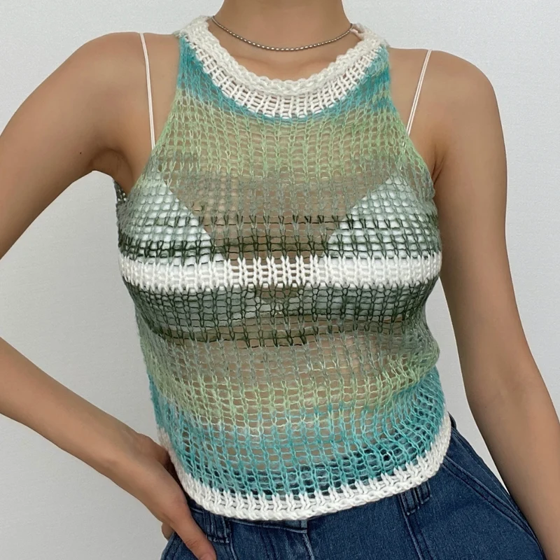 Contrast crochet knit sleeveless crop top-final-sale