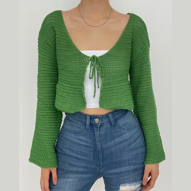V neck self tie knit crochet long sleeve solid crop top-final-sale