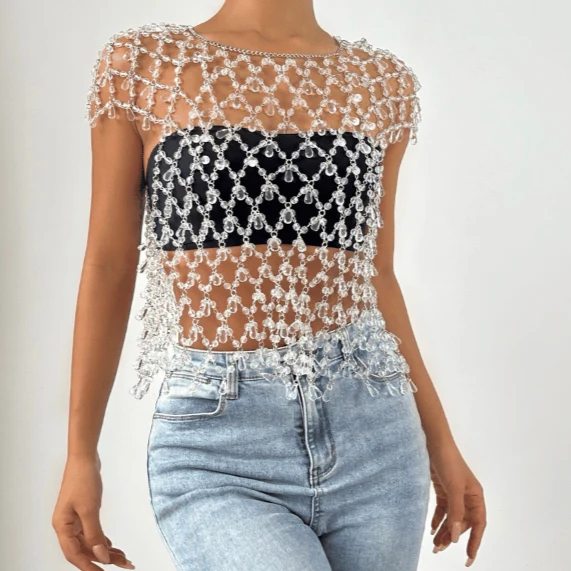 Rhinestone cut out crewneck crystal top-final-sale
