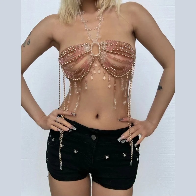 Rhinestone halter beaded tassels cut out crop top-final-sale
